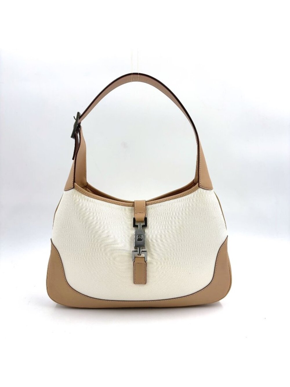 Gucci Jackie Leather Canvas White Lightbrown Oneshoulder Silver Handbag